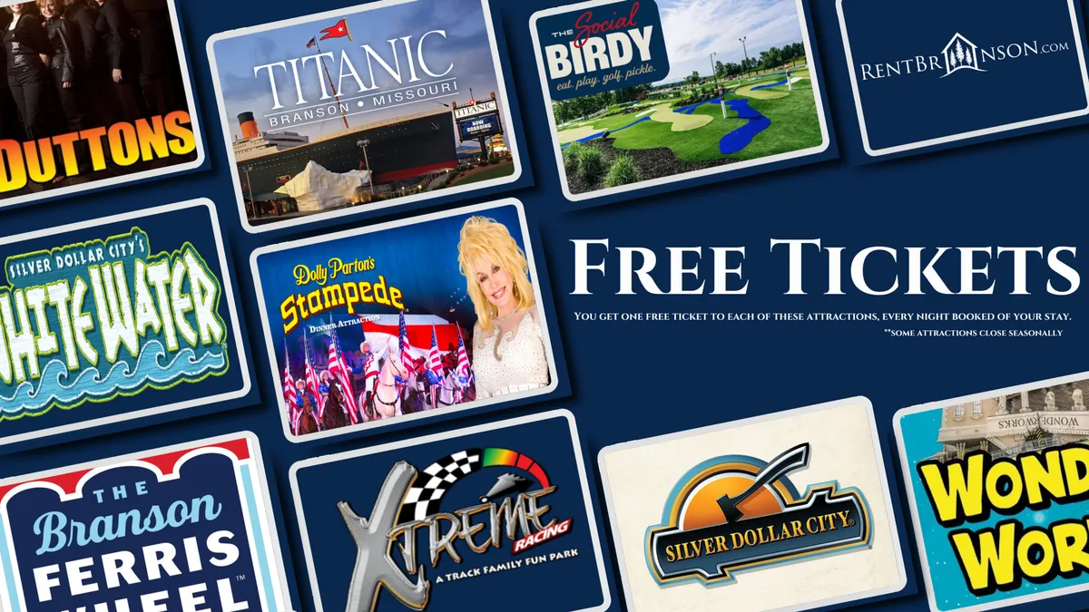 A vibrant interior scene featuring posters and references to Branson’s top attractions, including Silver Dollar City, The Branson Ferris Wheel, and Dolly Parton’s Stampede. The decor and visual cues highlight a family-friendly vacation atmosphere filled with excitement and entertainment.